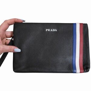Vintage Prada Clutch Black Leather Clutch with Red, White, and Blue Stripes USA